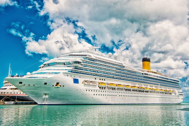 Big Cruise Ship. Large Luxury Cruise Ship On Sea Water And Cloud