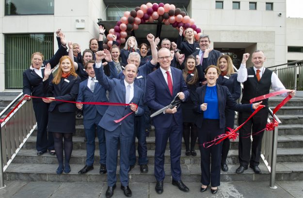 Free Pic No Repro Fee 20 05 2019  Clayton Hotel Silver Springs General Manager Joe Kennedy pictured with An Tanaiste Simon Coveney and Norina O’Callaghan, Clayton Hotel Silver Springs and members of the team  at the cutting of the ribbon ceremony to mark the completion of a €2 million refurbishment at the hotel. All 109 bedrooms have been fully refurbished as part of a €8.5 million investment at the city centre property. Photography by Gerard McCarthy 087 8537228  More Info contact  Renate Murphy  renate@cameo.ie  (086) 814 5462